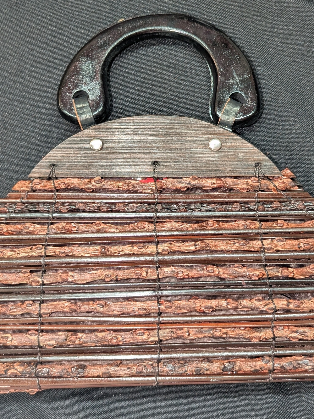 Woven Wooden Twig Handbag with Black Handle - Brown